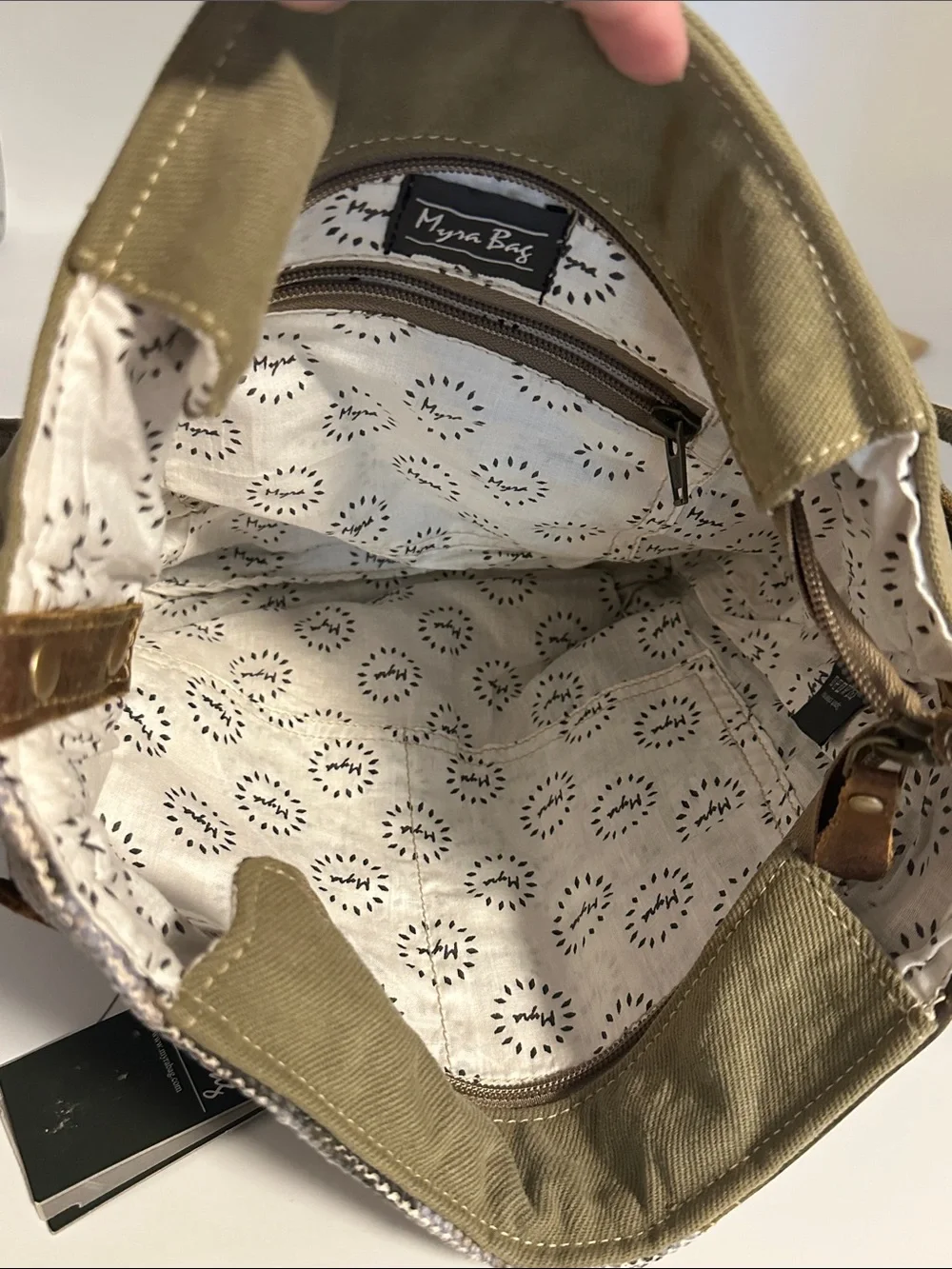 NWT Myra Bag Olive Green and Brown Canvas-Leather “Pristine Need Me”Shoulder Bag